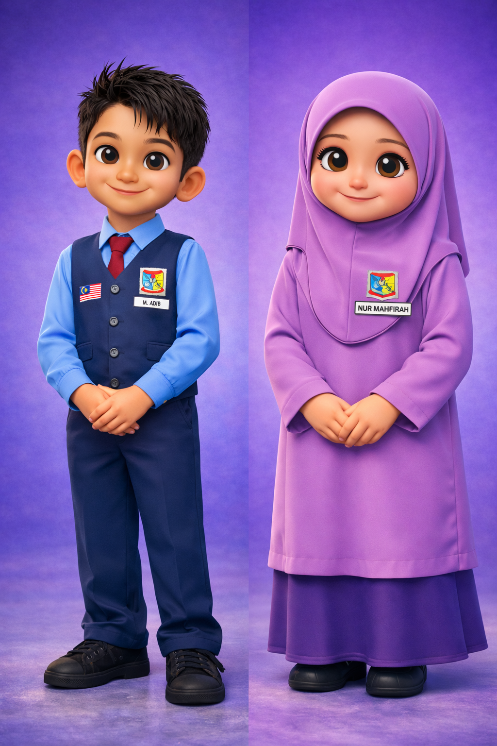 Dua watak murid Islamik gaya animasi 3D